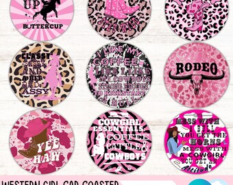 Funny Cowgirl Car Coaster PNG Bundle, Western Round Sublimation Designs, Leopard Print Girly Keychain Designs (Digital Files Download)