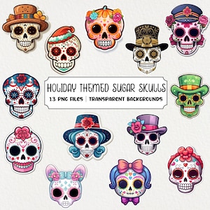 Cute Sugar Skull Clipart Bundle Mexican Day of the Dead Catrina Skull Skeleton PNG Files Dia de Los Muertos PNG Instant Digital Downloads