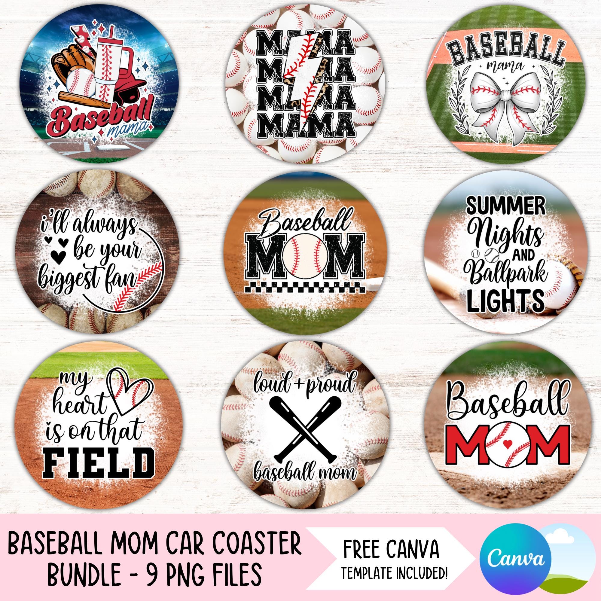 Baseball Mom Car Coaster PNG Bundle Sports Mama Cup Holder Sublimation Designs Game Day Round Keychain PNG Baseball Instant Digital Download
