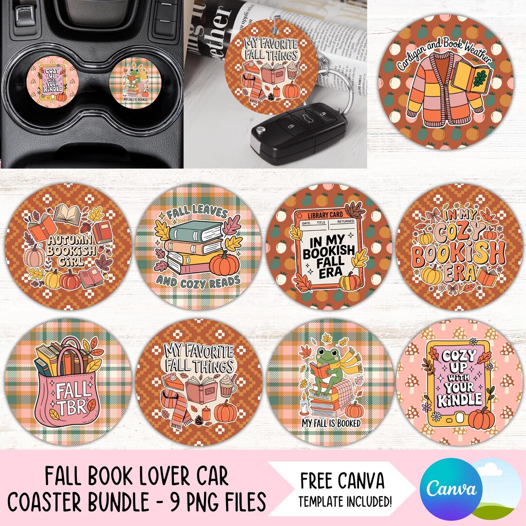 Fall Book Lover Car Coaster PNG Bundle Cozy Season Coffee Cup Holder ...