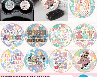 May include: A collection of car coasters and a keychain featuring various designs related to speech therapy. The coasters display floral patterns, lightning bolts, and text such as "Speech Therapist" and "In My Speech Therapy Era."