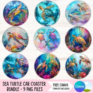 May include: Set of nine round car coasters featuring colorful abstract backgrounds with sea turtles swimming in a coral reef. The coasters are designed for use with a standard-sized drink cup.