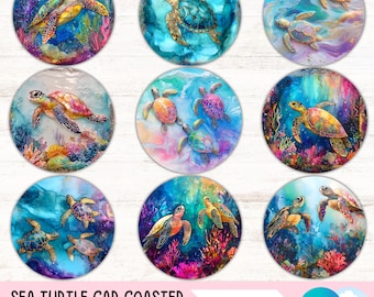 Sea Turtle Car Coaster Design Bundle Summer Cup Holder Sublimation Designs Ocean Beach Round Keychain PNG DIY Coaster Digital Files Download