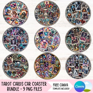 Paquete de posavasos para coche con diseño de cartas del Tarot, imágenes PNG, portavasos sarcásticos, diseños de sublimación, decoración para coche, divertidos diseños de posavasos redondos, cartas del Tarot esqueléticas.
