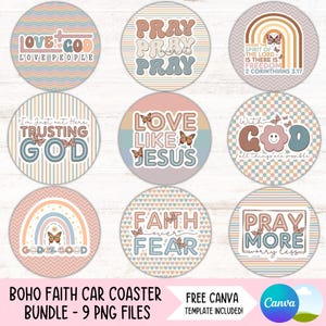 May include: Nine round car coasters with a boho aesthetic featuring inspirational quotes and butterflies. The coasters have a variety of patterns and colors, including pink, blue, brown, and white. The quotes include "Love God Love People", "Pray Pray Pray", "Where the Spirit of the Lord is There is Freedom 2 Corinthians 3:17", "I'm Just Out Here Trusting God", "Love Like Jesus", "With God All Things Are Possible", "Faith Over Fear", "God is Good", and "Pray More Worry Less".