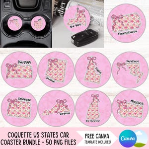 Floral Coquette US 50 States Car Coaster PNG-bundel Pink Bow Coaster Sublimatieontwerpen Preppy ronde sleutelhanger PNG-ontwerpen Coasterdownloads