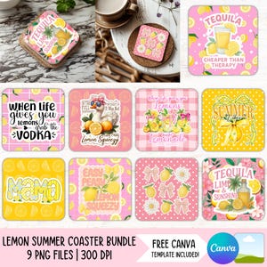 Pode incluir: Um conjunto de bases de copos quadradas com vários designs, incluindo limões, cocktails e frases humorísticas. As bases de copos apresentam uma mistura de fundos rosa, amarelos e brancos, com texto como "Tequila Lime & Sunshine" e "Summer Vibes".