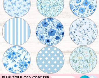Blue Floral Toile Car Coaster PNG Bundle, Girly Round Sublimation Designs, Coquette Bow Keychain Designs  (Digital Files Download)