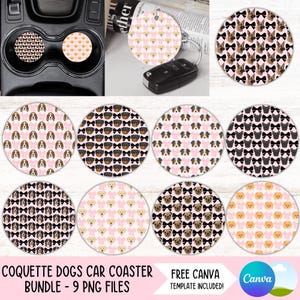 May include: Set of nine pink and white car coasters featuring different dog breeds with black bows. The coasters are designed with a repeating pattern of the dogs and bows. The text "COQUETTE DOGS CAR COASTER BUNDLE - 9 PNG FILES" is at the bottom of the image.