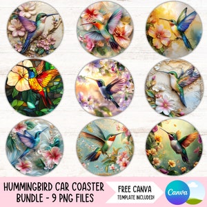 May include: Nine colorful hummingbird designs with floral backgrounds. These designs are perfect for creating car coasters. The designs are in PNG format and include a Canva template.