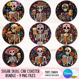 Suiker schedel auto Coaster PNG bundel Iced Coffee bekerhouder sublimatie ontwerpen Mexicaans skelet sleutelhanger PNG herfst DIY Coaster digitale bestanden