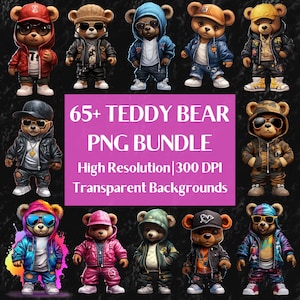 Teddy Bear Png Bundle, Colorful Urban Design Streetwear Png Sublimation, Urban Style Neon Design Graffiti Png for Tshirt, Digital Download image 1