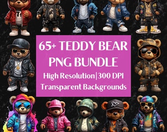 Teddy Bear PNG Clipart Bundle, Urban Streetwear Sublimation Designs, Colorful Neon Graffiti Graphics for T-Shirts (Digital Files Download)