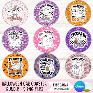 May include: Nine round Halloween car coasters featuring cute ghost illustrations with various spooky sayings. The coasters are printed on a white background with a variety of Halloween patterns, including bats, pumpkins, and spiderwebs.