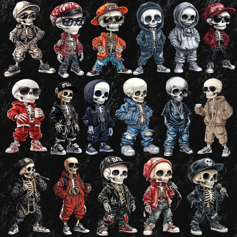 Miscevious Skeleton Skeleton Streetwear PNG Bundle Cool Skeleton Hip Hop Gangster Clipart ...
