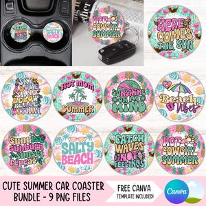 May include: A collection of nine round car coasters with summer-themed designs. The coasters feature phrases like "Salty Beach," "Catch Waves Not Feelings," and "Hot Cowgirl Summer." The color palette includes pink, teal, and yellow.