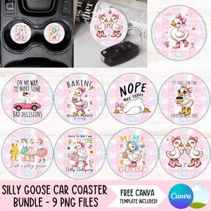 Ensemble de sous-verres de voiture Coquette Silly Goose PNG noeud rose porte-gobelet Sublimation Designs Girly rond porte-clés PNG ensemble voiture drôle Freshie PNGs