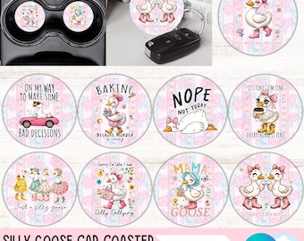 Coquette Silly Goose PNG Car Coaster Bundle Pink Bow Cup Holder Sublimation Designs Girly Round Keychain PNG Set Funny Car Air Freshie PNGs
