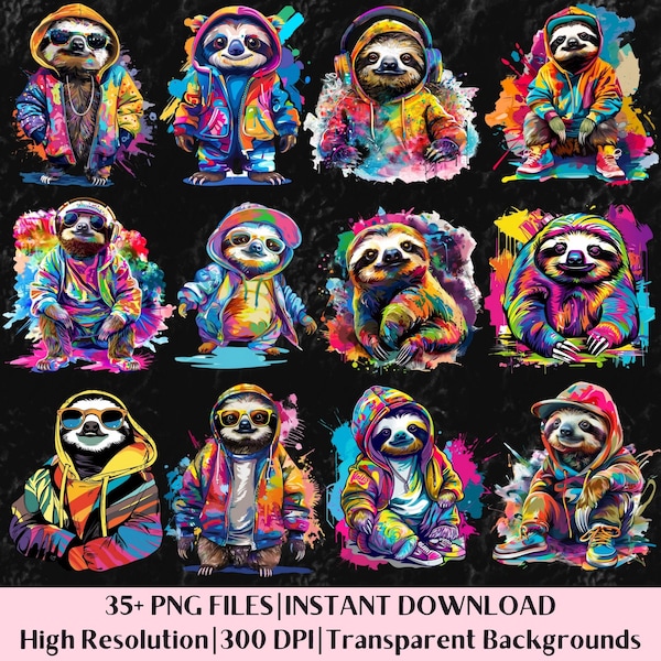 Sloth Streetwear Png Bundle Neon Graffiti Png for T-shirt Hoodie Colorful Urban Style Sublimation Design   For Sloth Gifts Printable Clipart