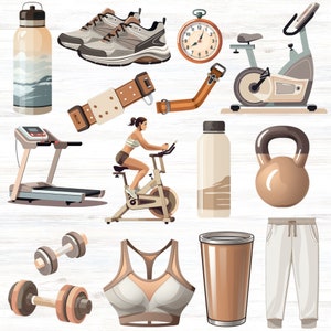 May include: A collection of fitness and wellness items including a stationary bike, dumbbells, a water bottle, a sports bra, a kettlebell, a tumbler, sweatpants, and a pair of running shoes.