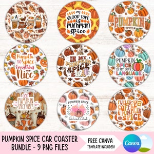 Kürbis Kaffee Auto Untersetzer PNG Bundle Herbst Tassenhalter Sublimation Designs Herbst Runde Schlüsselbund PNG Kürbis Gewürz DIY Untersetzer Digitale Dateien