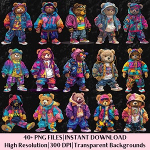 Teddybär Streetwear Png-Bundle Cooler Bär Hip Hop Sublimations Designs Urban Grafik Tshirt Hoodie Designs Teddybär Clipart Digitale Dateien