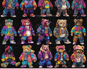 Pakiet clipartów PNG z misiem, wzory sublimacji w miejskim stylu streetwear, kolorowe neonowe grafiki graffiti na koszulki (pliki cyfrowe do pobrania)