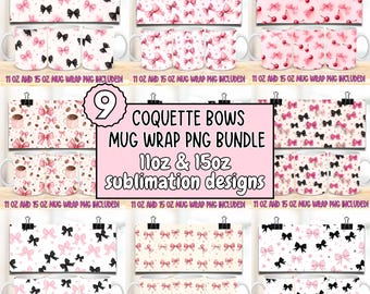 Coquette Bow mok wrap PNG bundel roze strik koffiemok ontwerp 11oz en 15oz koffiekopje sublimatie ontwerp mok pers wrap digitale download png