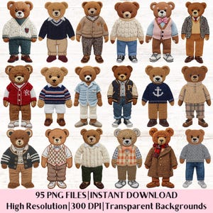 Könnte beinhalten: Eine Sammlung von 18 Teddybär-Illustrationen, jede in verschiedenen Outfits. Die Bären tragen Pullover, Jacken und Hosen in verschiedenen Farben. Das Bild enthält den Text "95 PNG FILES | INSTANT DOWNLOAD High Resolution | 300 DPI | Transparent Backgrounds."