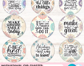Motivational Car Coaster PNG Bundle Inspirational Car Cup Holder Positive Quotes Keychain PNG Sublimation Design Round Air Freshie PNG