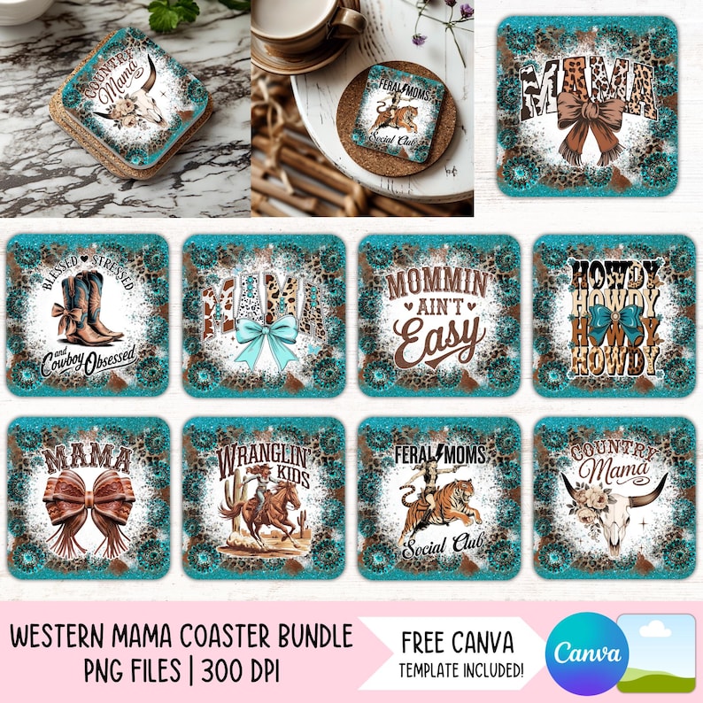 Western Mama Coaster PNG Bundle, Country Mom 4x4 Square Sublimation ...
