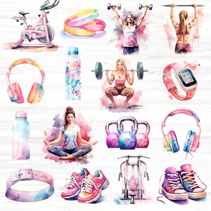 Puede incluir: Ilustraci&oacute;n acuarela de equipos y accesorios de fitness, que incluyen una bicicleta est&aacute;tica, mancuernas, pesas rusas, una esterilla de yoga, una botella de agua, auriculares, un rastreador de fitness, un cintur&oacute;n de levantamiento de pesas y zapatillas deportivas.