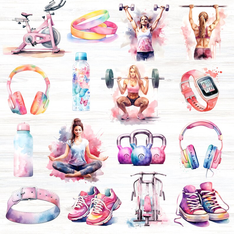Puede incluir: Ilustraci&oacute;n acuarela de equipos y accesorios de fitness, que incluyen una bicicleta est&aacute;tica, mancuernas, pesas rusas, una esterilla de yoga, una botella de agua, auriculares, un rastreador de fitness, un cintur&oacute;n de levantamiento de pesas y zapatillas deportivas.