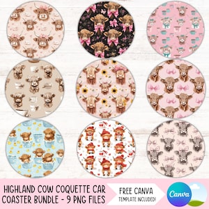 May include: Nine digital designs featuring Highland Cow patterns. The designs include a variety of colours and patterns, including pink, brown, black, white, and blue. The designs are perfect for creating coasters, mugs, or other home decor items.