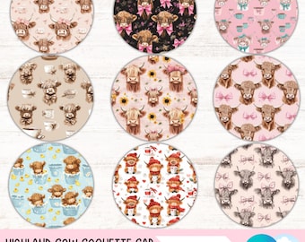 Highland Cow Coquette Car Coaster PNG Bundle Pink Bow Cup Holder Sublimation Designs Coffee Round Keychain Designs Coaster Digital Downloads