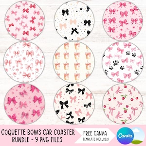 Laços Coquette Rosa Porta-copos para Carro PNG Pacote Fita Porta-copos Designs de Sublimação Conjunto de Chaveiros Redondos Femininos Porta-copos para Café Downloads Digitais