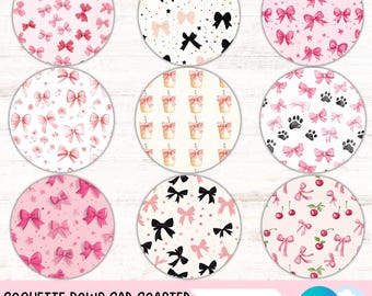 Pink Coquette Bows Car Coaster PNG Bundle Ribbon Cup Holder Sublimation Designs Girly Round Keychain Set Coffee Coaster Digital Downloads