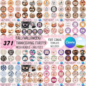 Höst Halloween Thanksgiving Bilunderlägg PNG Mega Bundle Höst Kaffemugghållare Sublimeringsdesigner Nyckelring PNG DIY Runda Digitala Filer