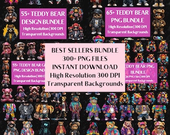 Teddy Bear PNG Clipart Bundle, Urban Streetwear Sublimation Designs, Colorful Neon Graffiti Graphics for T-Shirts (Digital Files Download)