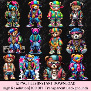 Teddybär Png-Bundle Bunte Urban Grafiken Streetwear Tshirt Sublimation Designs Neon Graffiti Cool Hip Hop Bär Clipart Digitaler Download