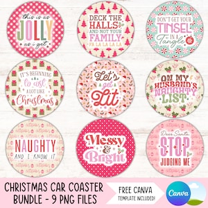 Paquete de posavasos navideños divertidos para coche, PNG, diseños de sublimación para portavasos navideños, llavero redondo sarcástico, PNG, posavasos DIY sarcásticos, archivos digitales