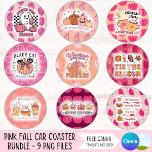 Ensemble de sous-verres de voiture rose automne PNG citrouille épices porte-gobelet Sublimation dessins automne rond porte-clés PNG Halloween sous-bock bricolage fichiers numériques