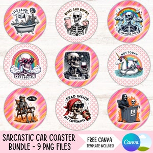 Ensemble de sous-verres de voiture squelette drôle PNG sarcastique porte-gobelet dessins à sublimation humour adulte rond porte-clés PNG sous-bock bricolage fichiers numériques