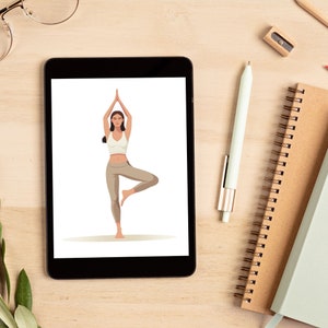 May include: A tablet screen showing a woman in a white vest top and beige trousers performing a yoga pose against a white background.