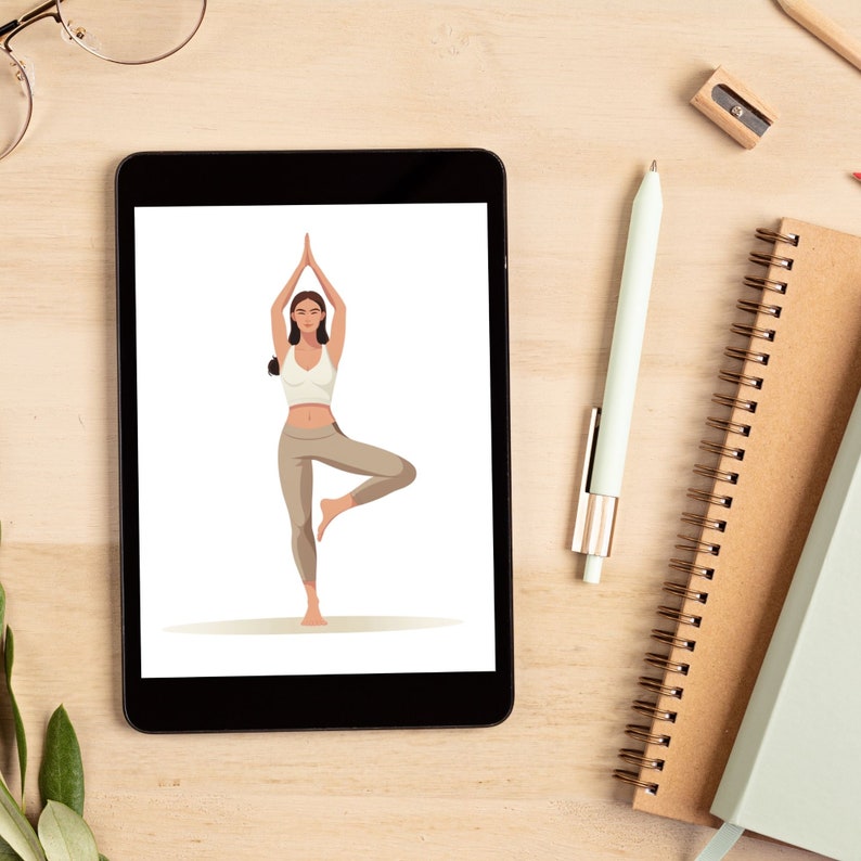 May include: A tablet screen showing a woman in a white vest top and beige trousers performing a yoga pose against a white background.