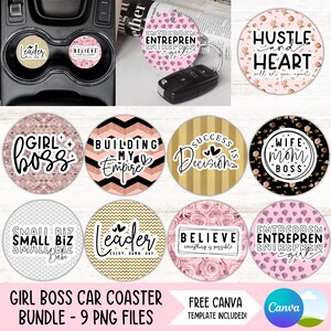 Bundle Girl Boss Car Coaster PNG citation positive porte-gobelet Sublimation Designs porte-clé motivant PNG Boss Babe Coaster bricolage fichiers numériques