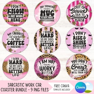 Ensemble de sous-verres de voiture drôle de bureau PNG citations sarcastiques porte-gobelet Sublimation dessins collègue rond porte-clés PNG sous-bock bricolage fichiers numériques