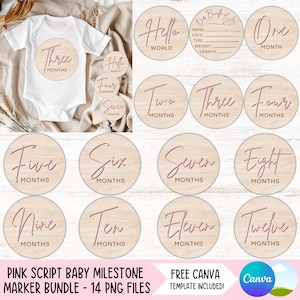 Ensemble PNG de marqueurs d'étape importante du mois pour petite fille rose faire-part de bébé rond signe sublimation dessins mignons cartes circulaires à télécharger
