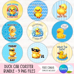 May include: Nine round, colorful coasters featuring cartoon ducks with various sayings. The sayings include "Duck Around & Find Out", "I'll Duck You Up", "Duck Off", "Quacktose Tolerant", "Dear Autocorrect It's Never Duck", "I Don't Give A Duck", "Today Is My Ducky Day", "What The Duck?", and "It".