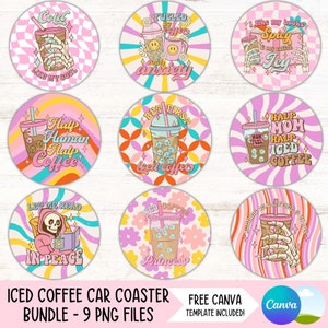 Grappige retro koffie auto Coaster PNG bundel sarcastische bekerhouder sublimatie ontwerpen Sassy Snarky ronde sleutelhanger PNG DIY Coaster digitale bestanden
